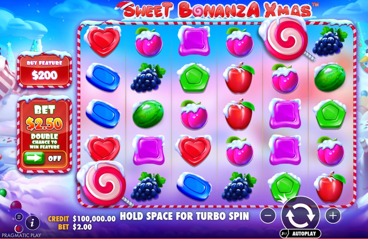 The 6x5 game grid of the Sweet Bonanza Xmas slot, showing snow-dusted fruit and candy symbols.
