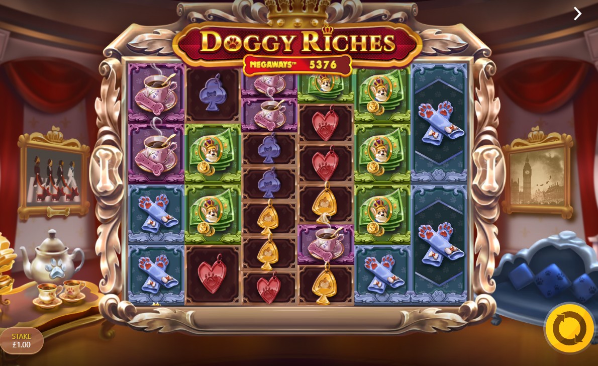 The base game grid of Doggy Riches Megaways, showcasing the 6-reel layout and royal theme.