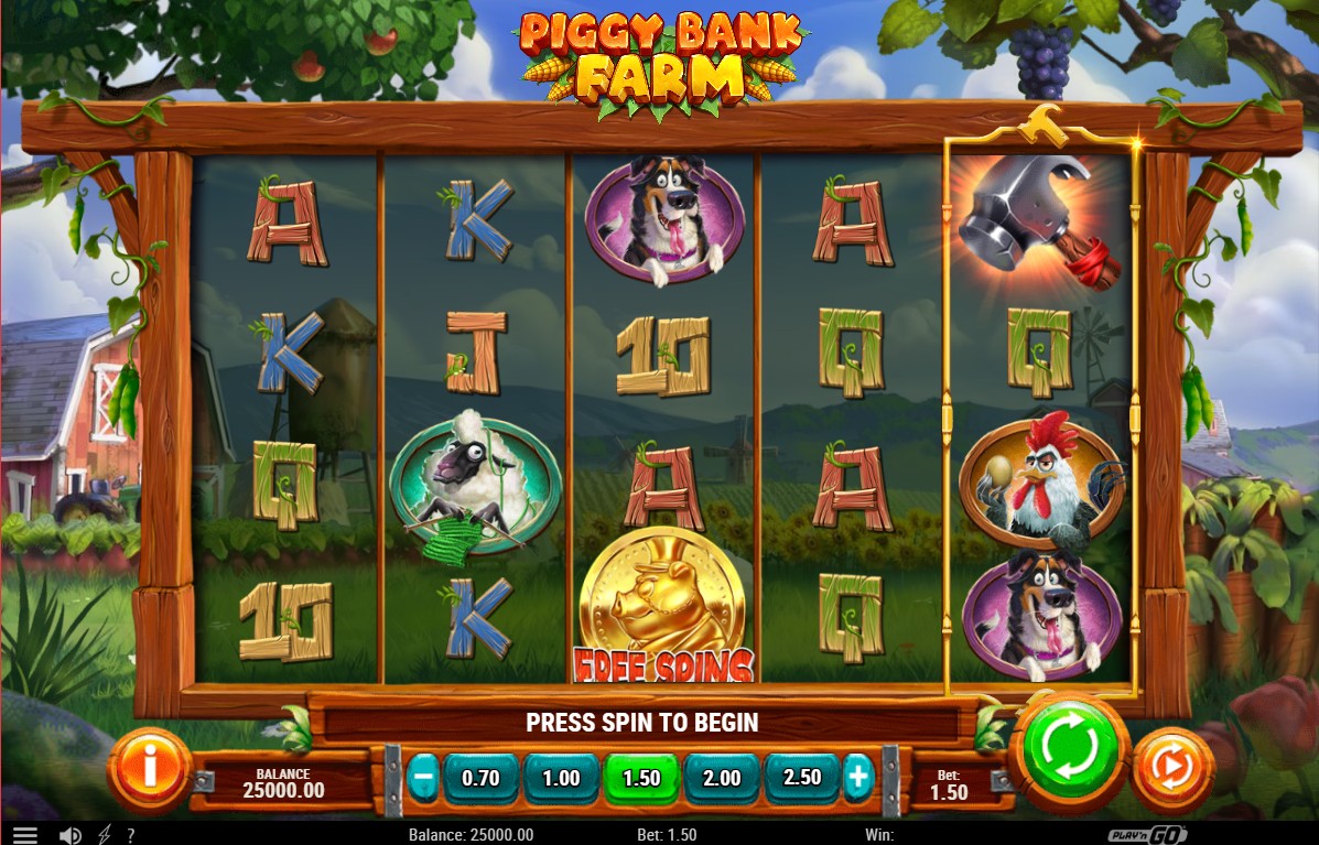 The main 5x4 game grid of the Piggy Bank Farm slot, showcasing the cartoonish farm theme and symbols.