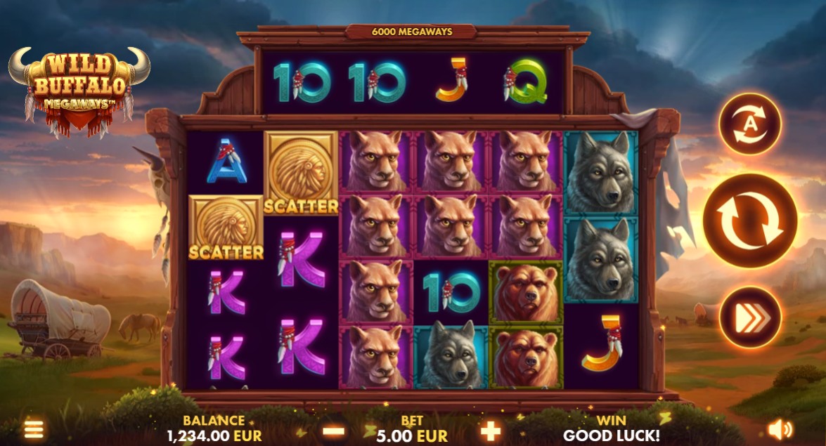 The main game screen of Wild Buffalo Megaways slot showcasing the 6-reel Megaways layout against a prairie sunset.