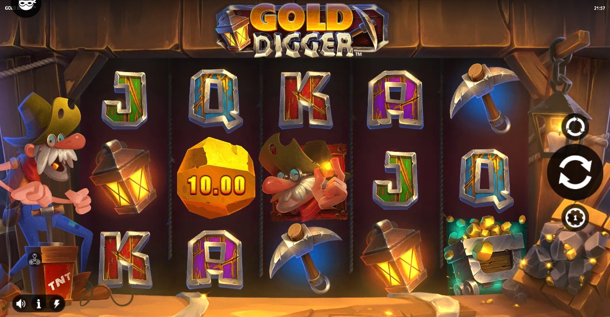 The 5x3 reel layout of the Gold Digger slot, featuring the prospector Gus next to the game grid set inside a mine.
