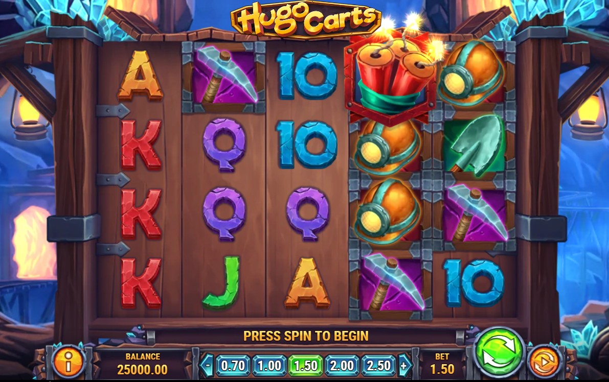 The main 5x4 game grid of the Hugo Carts slot, showing the mining-themed symbols and user interface.