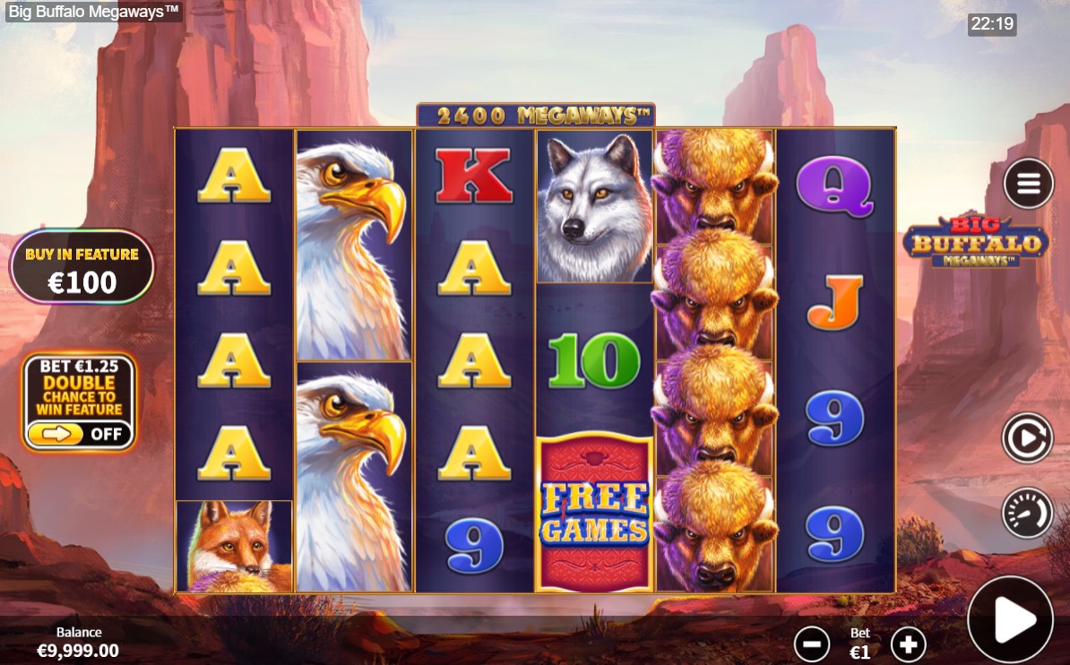The main game screen of Big Buffalo Megaways, showing the 6-reel grid and the Megaways counter.