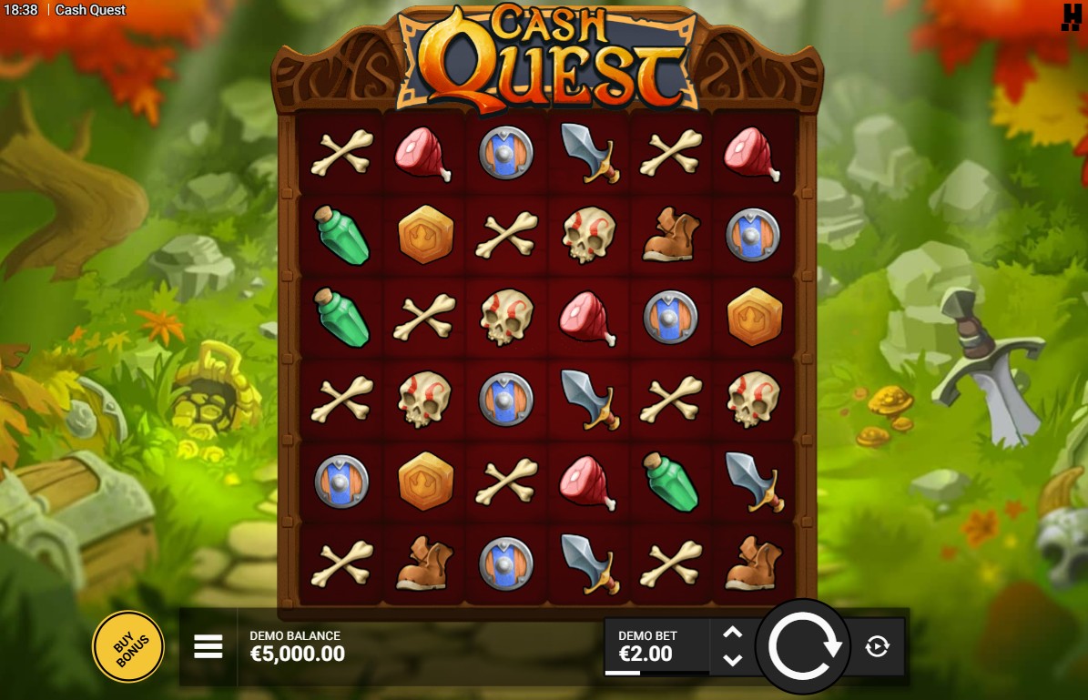 The 6x6 grid layout of the Cash Quest slot by Hacksaw Gaming, showing the Boostbar feature at the top.