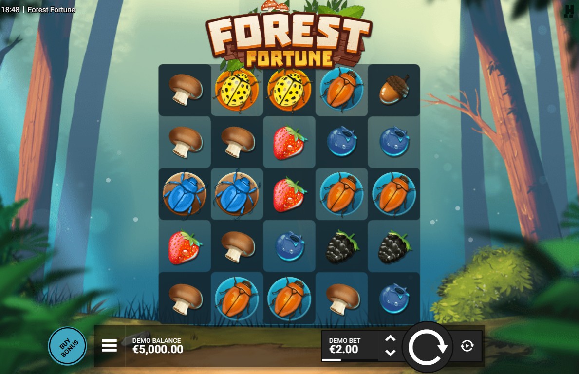 The 5x5 game grid of the Forest Fortune slot, showcasing its cartoonish forest theme and various insect and berry symbols during base gameplay.