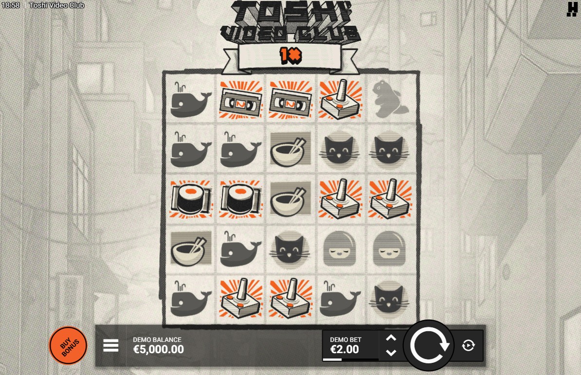 The 5x5 monochrome grid of the Toshi Video Club base game, showcasing the unique retro-Japanese art style.