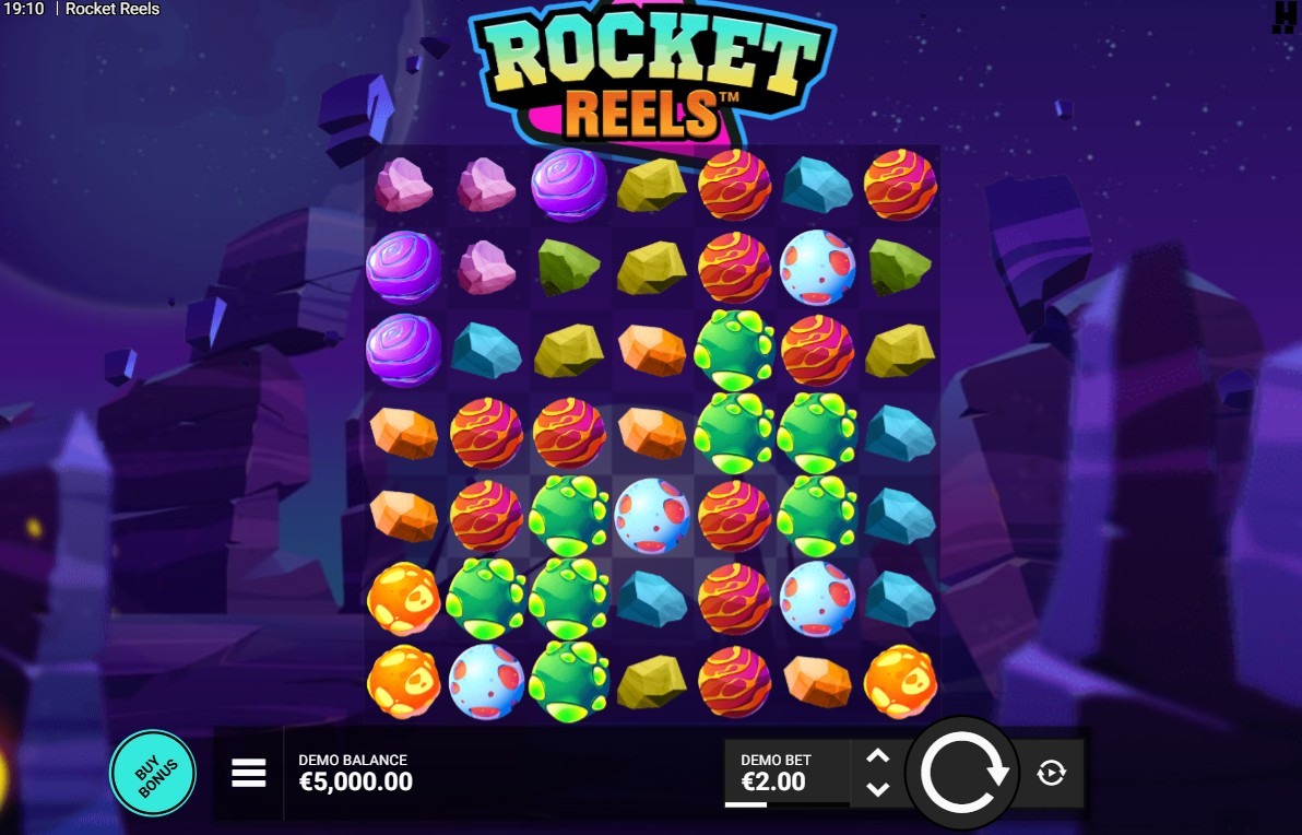 The 7x7 game grid of the Rocket Reels slot from Hacksaw Gaming, displaying the variety of colorful planet and asteroid symbols in deep space.