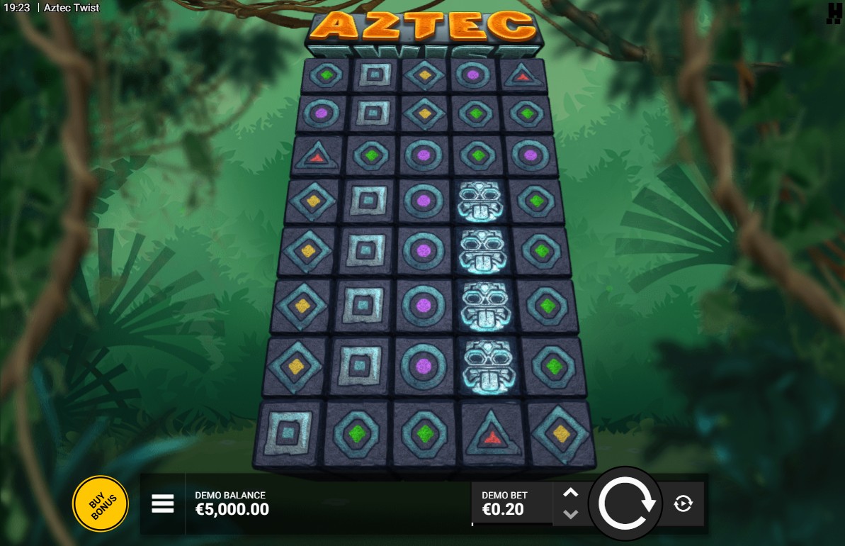 The 5x8 tower grid of the Aztec Twist slot, showing the unique reel layout and symbol design by Hacksaw Gaming.