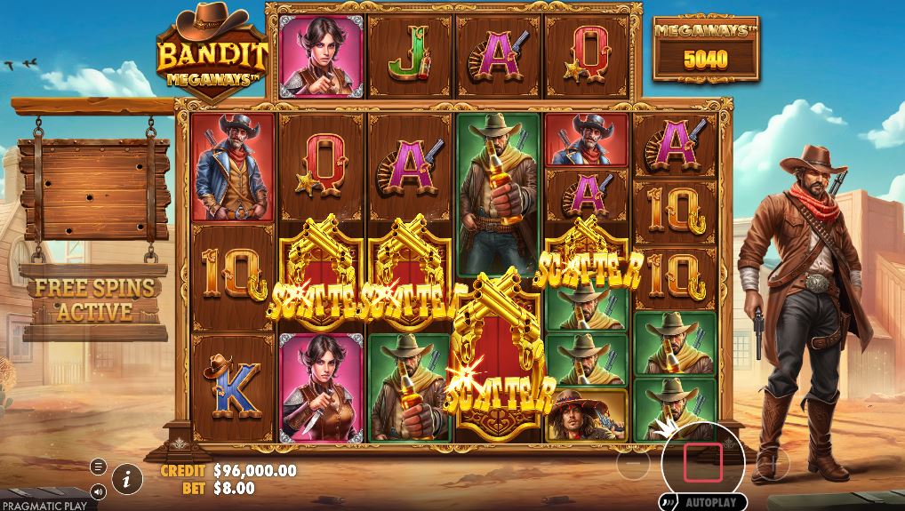 The moment the Free Spins round is triggered in Bandit Megaways, with four golden scatter symbols landing on the reels simultaneously.