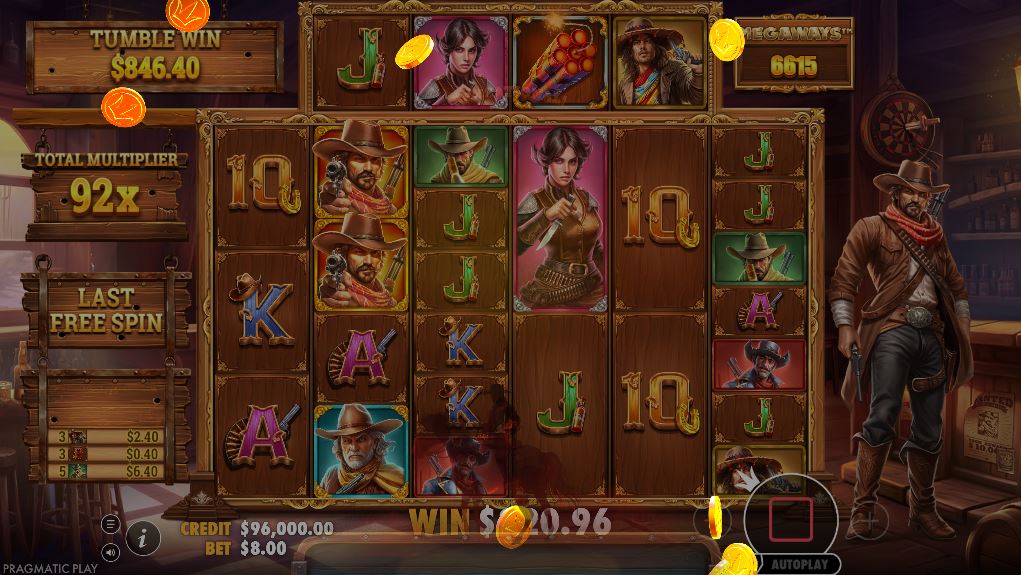 The Bandit Megaways Free Spins feature in action, showing a significant Total Multiplier accumulated on the left side of the screen.