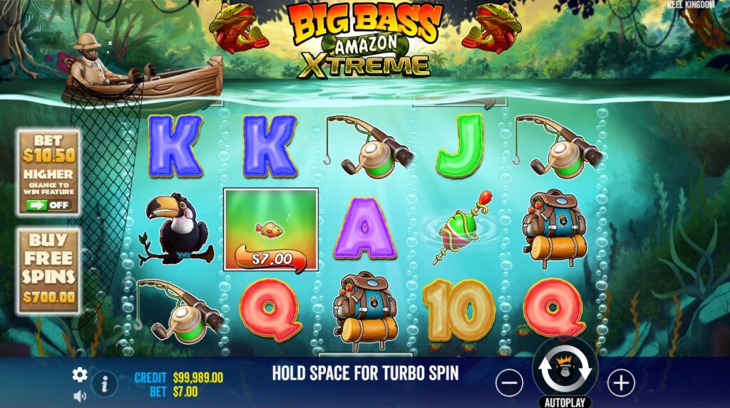 Big Bass Amazon Xtreme slot machine base game screen with reels and symbols.