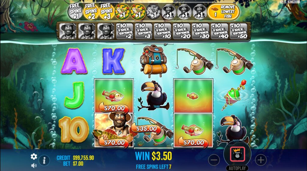Fisherman Wild symbol collecting Money Symbol values during the Free Spins round.
