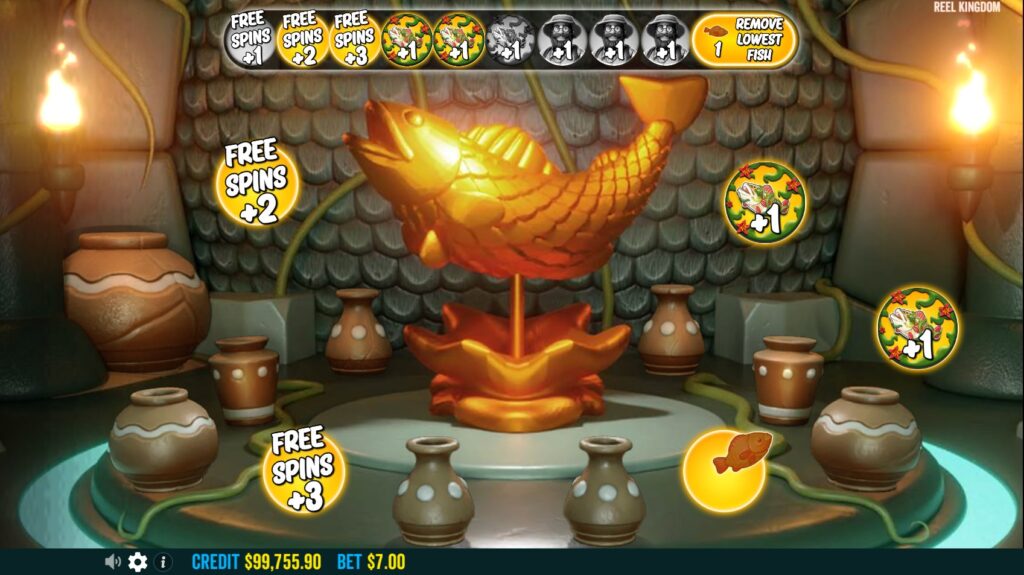 The interactive Pick Feature screen with vases before Free Spins in Big Bass Amazon Xtreme.