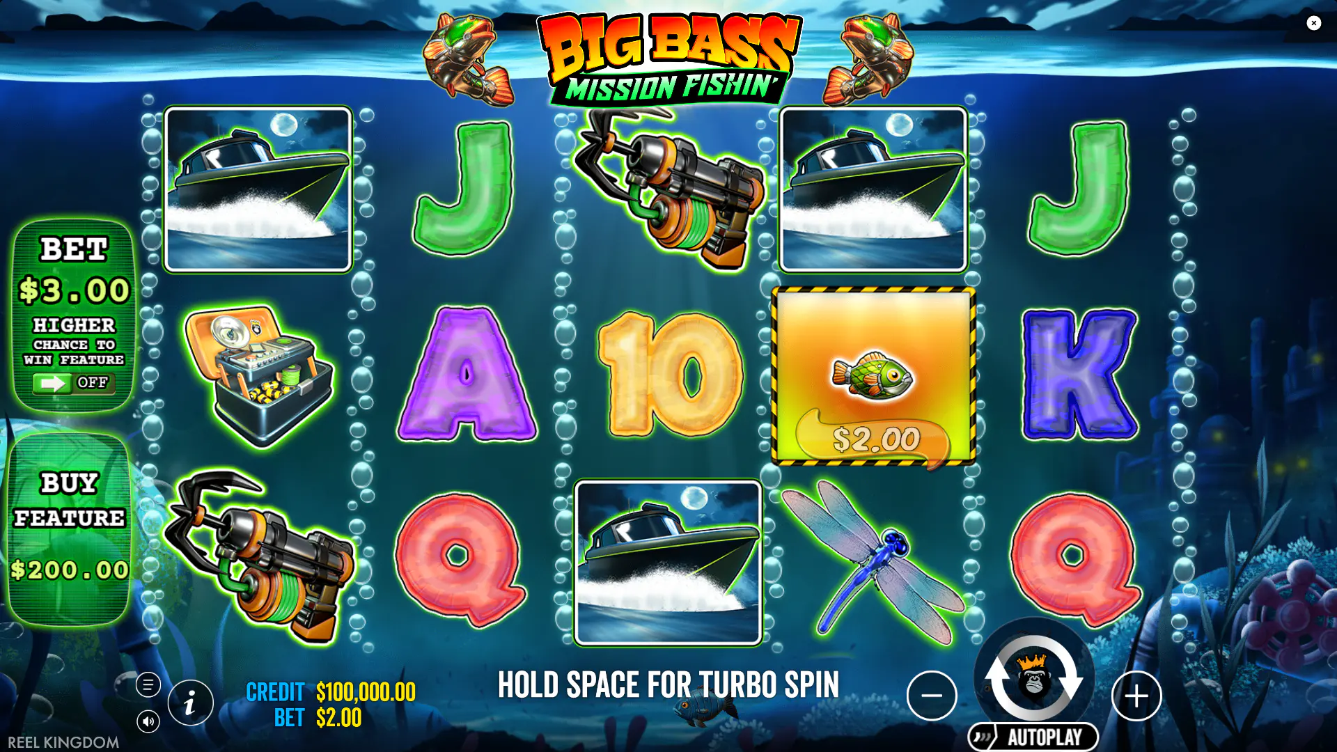 The 5x3 base game grid in Big Bass Mission Fishin' with the Ante Bet feature activated.