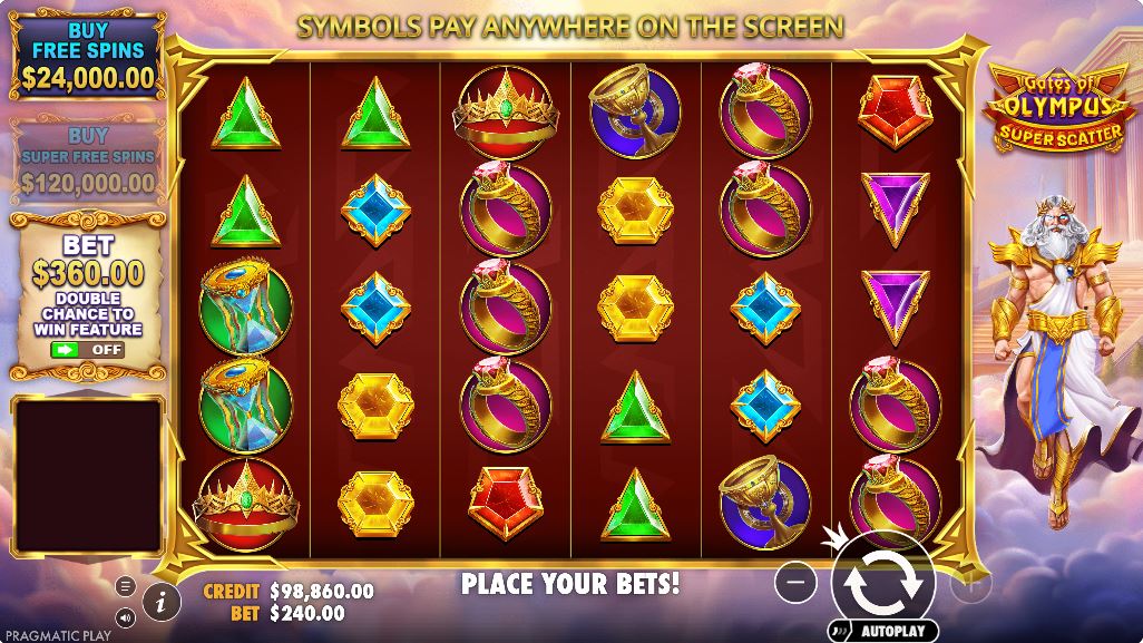 The 6x5 grid of the Gates of Olympus Super Scatter slot, showing Zeus and various gem and artifact symbols in the base game.