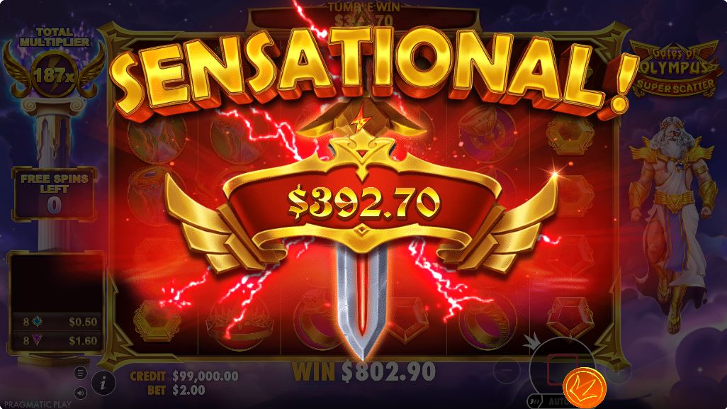 A massive win screen from the Gates of Olympus Super Scatter slot, showing the "Sensational" message over a large prize amount.
