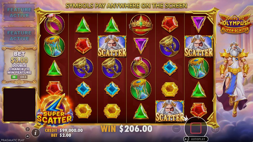 The Free Spins feature in Gates of Olympus Super Scatter being triggered by four scatters, including one Super Scatter, with a 100x instant payout displayed.
