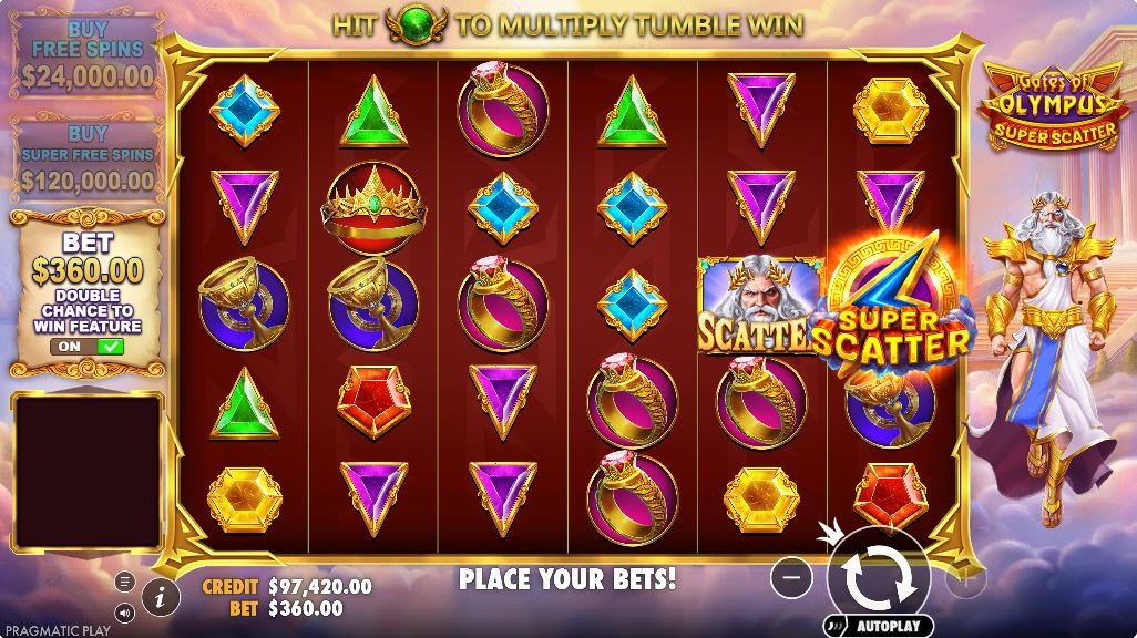 A close-up view of the special Super Scatter symbol with its distinct lightning bolt design landing on the game grid.