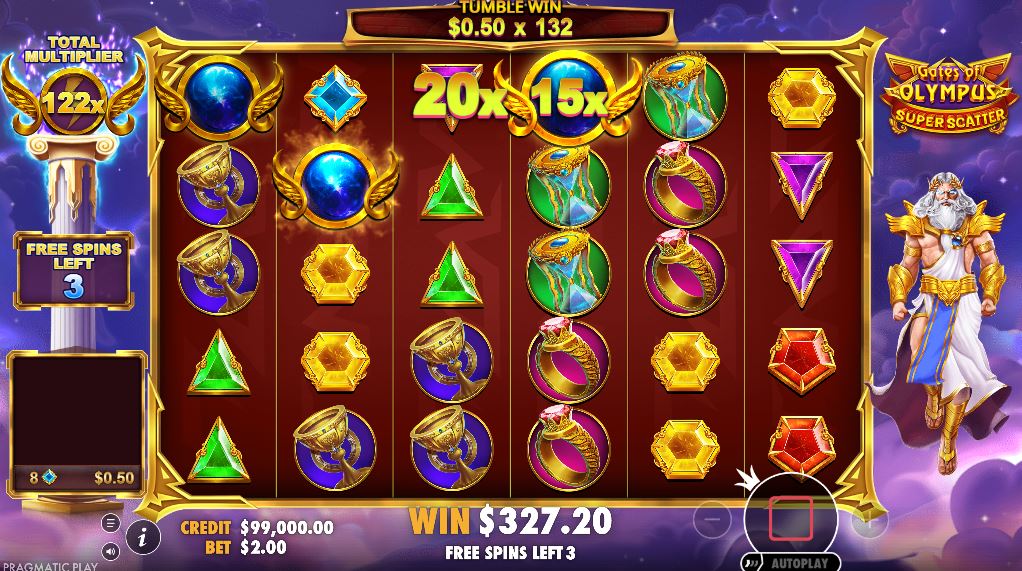 The Free Spins round in action, with the Total Multiplier on the left showing a large accumulated value like 122x.