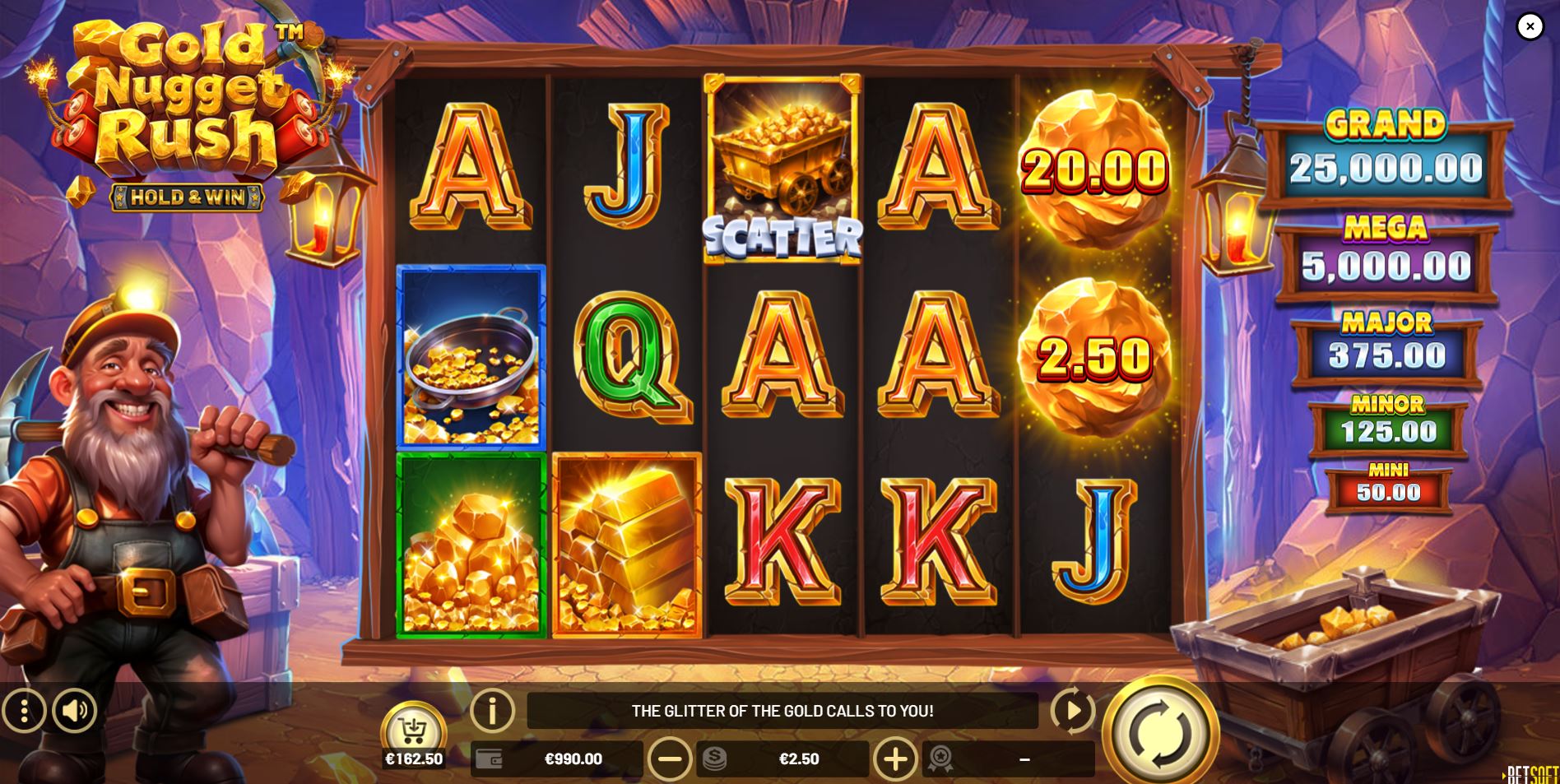 The main 5x3 game grid of Gold Nugget Rush, showcasing the mining theme and prospector character.