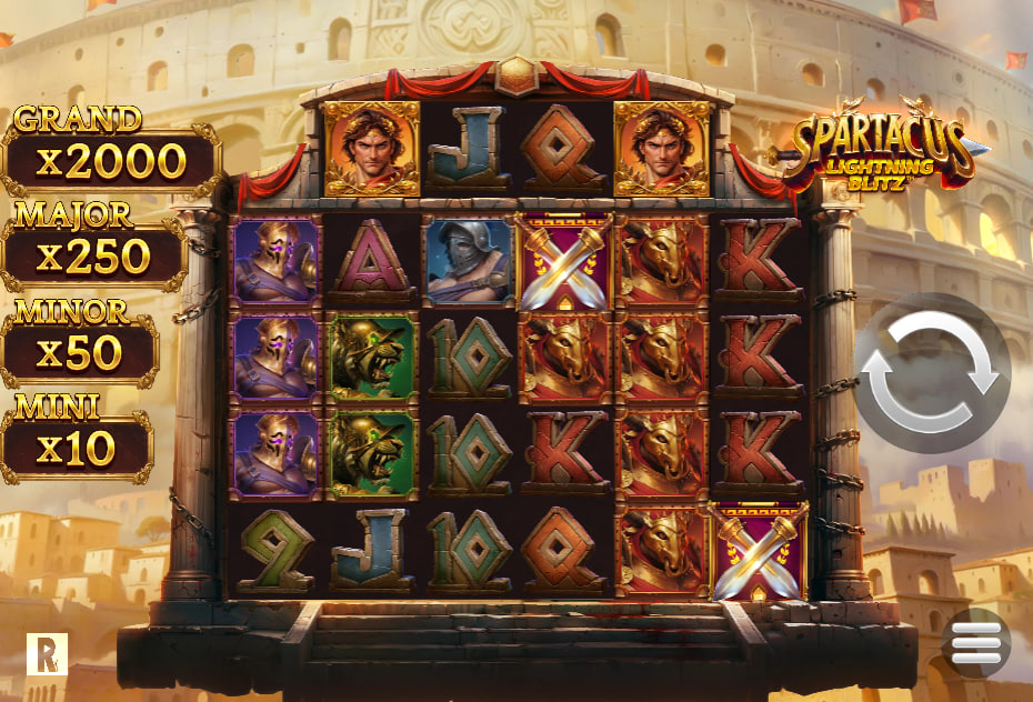 Main gameplay layout of Spartacus Lightning Blitz slot showing the ten thousand ways grid structure and fixed jackpot values inside the arena