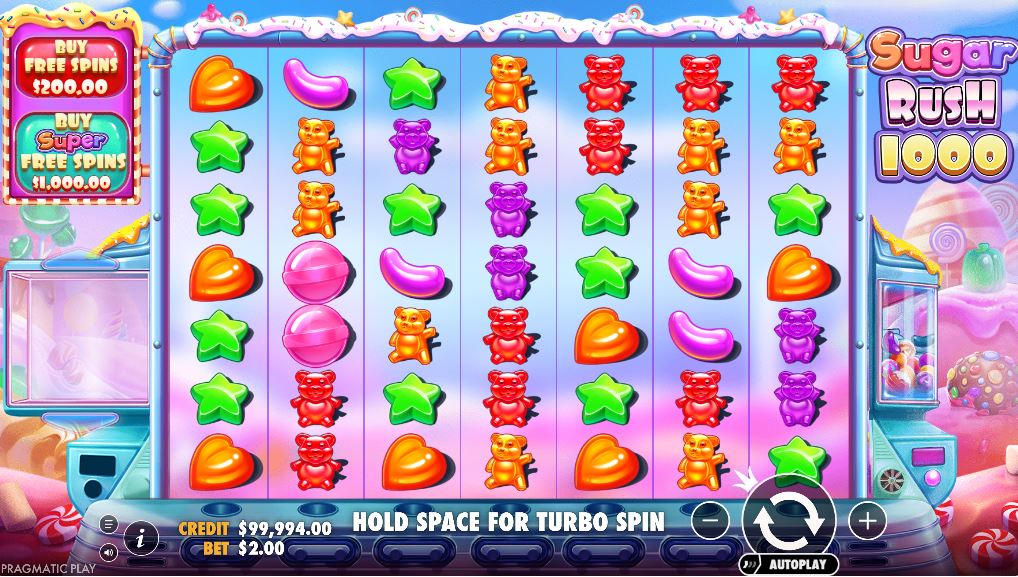Sugar Rush 1000 slot base game grid with candy symbols.
