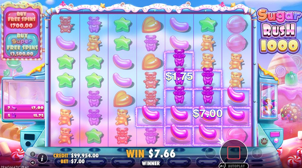 A winning cluster of jelly bear symbols in the Sugar Rush 1000 slot game.