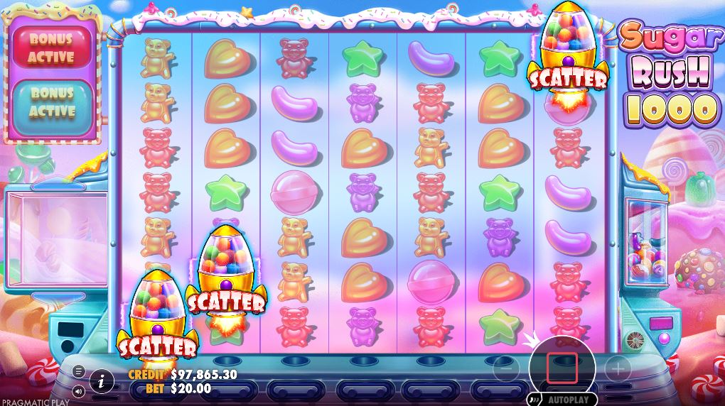 Three Scatter symbols landing on the reels to trigger the Free Spins bonus in Sugar Rush 1000.