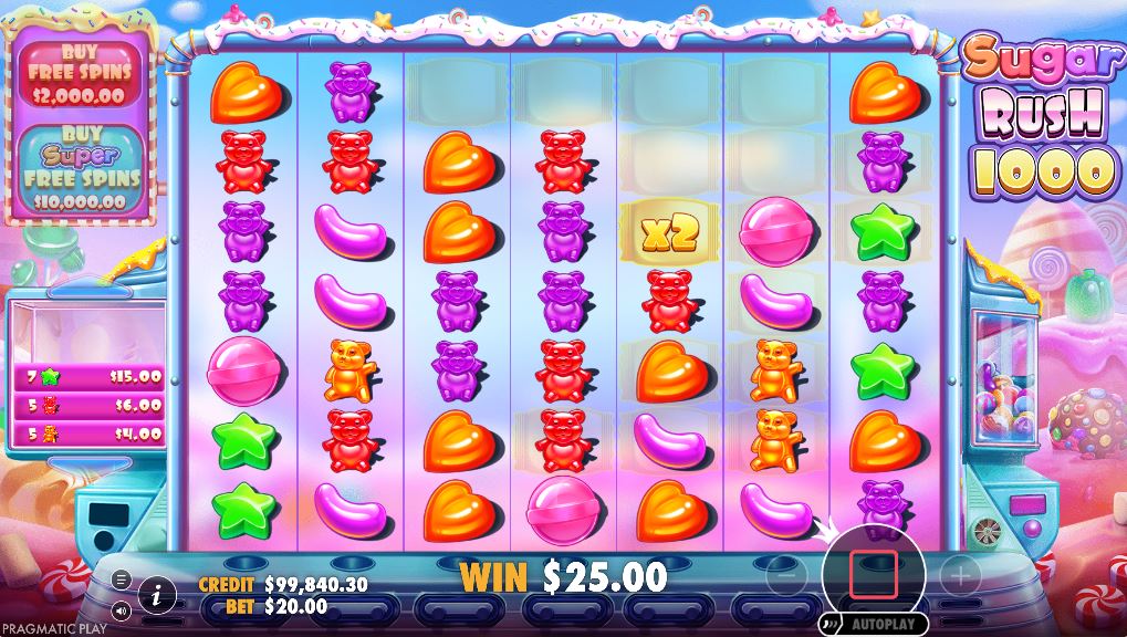 Multiplier Spots with x2, x4, and x8 values activated on the Sugar Rush 1000 grid.