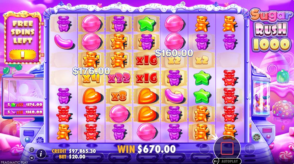The Free Spins round in Sugar Rush 1000 with high-value persistent multipliers on the grid.