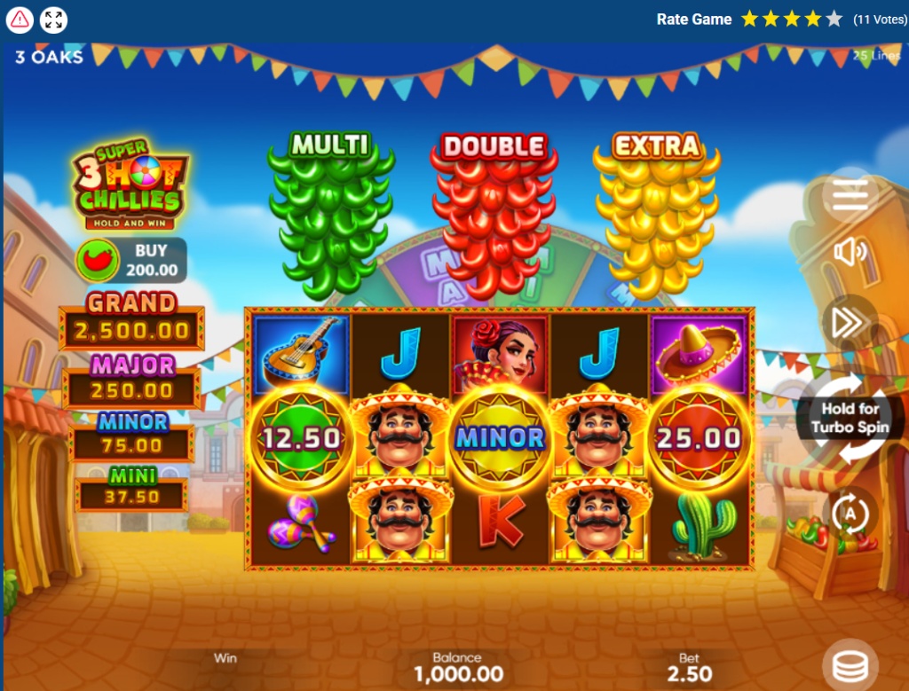 3 Super Hot Chillies slot base game interface by 3 Oaks Gaming featuring a Mexican fiesta theme, mariachi wild symbols, and a 5x3 grid layout.