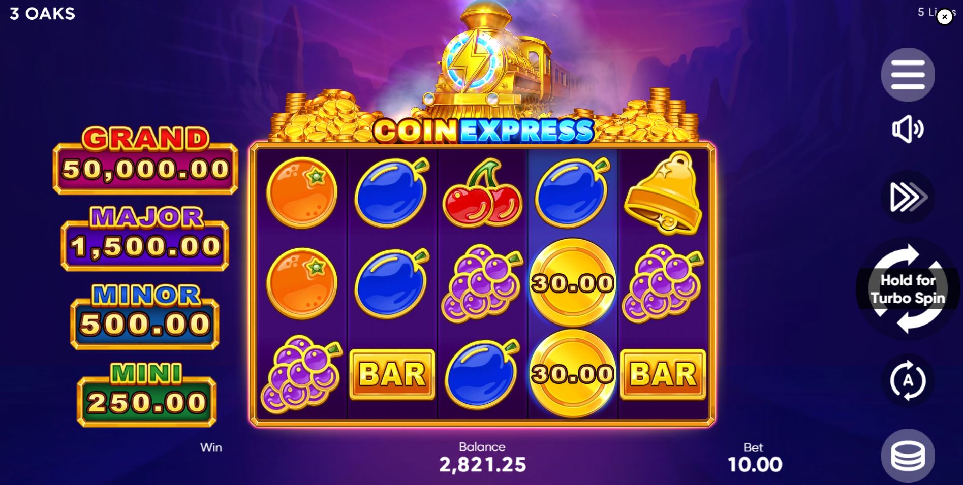 The main 5x3 game grid of the Coin Express slot, showing the classic fruit symbols and jackpot values.