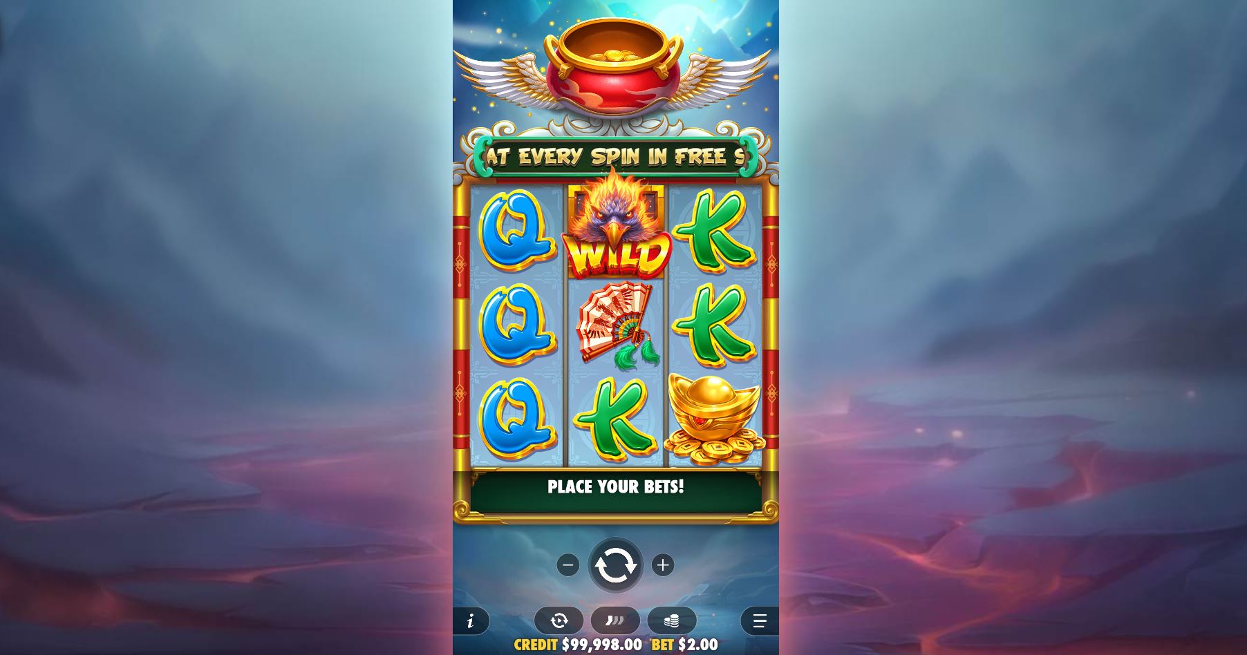 The 3x3 reel layout of the Lucky Phoenix slot by Pragmatic Play during base gameplay.