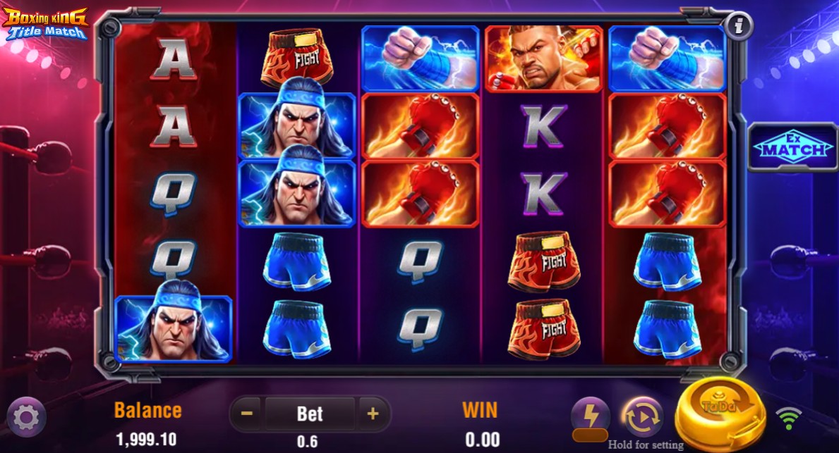 The 5x5 game grid of the Boxing King Title Match slot, set against a boxing ring backdrop with fighter symbols on the reels.