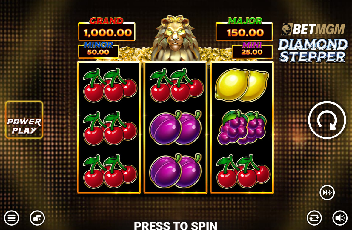 3x3 grid of BetMGM Diamond Stepper showing fruit symbols and winlines to help players understand the basic payout structure.