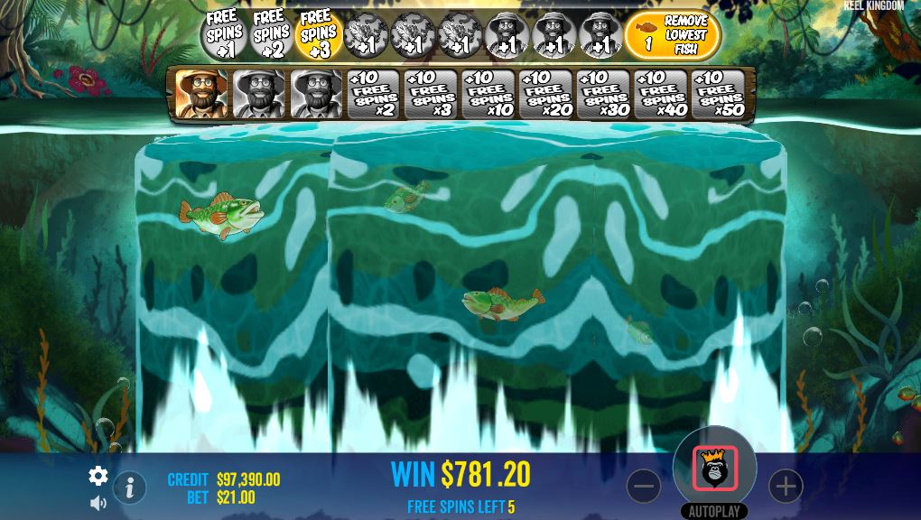 The Waterfall random feature transforming symbols on the reels during the Big Bass Amazon Xtreme free spins bonus round.