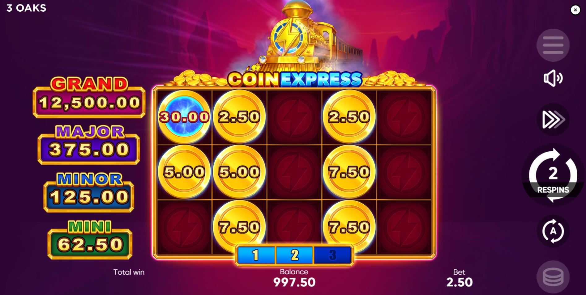 The Hold & Win bonus round in Coin Express showing several sticky coin symbols and the respin counter.