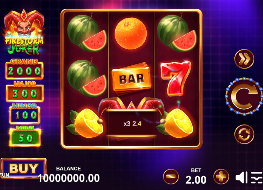Firestorm Joker 3x3 slot grid with watermelon and orange symbols showing 5 paylines interface