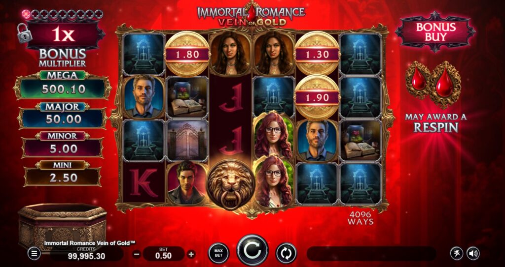 Immortal Romance Vein of Gold slot base game showing the 6x4 grid layout, character symbols, and overall theme.
