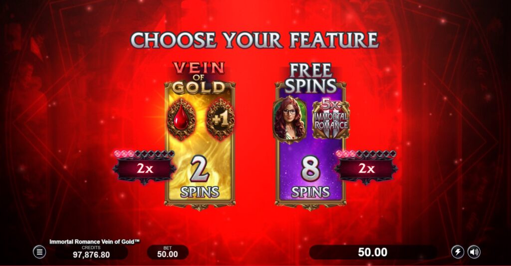 The Bonus Choice screen in Immortal Romance Vein of Gold, prompting selection between Free Spins and Vein of Gold features.