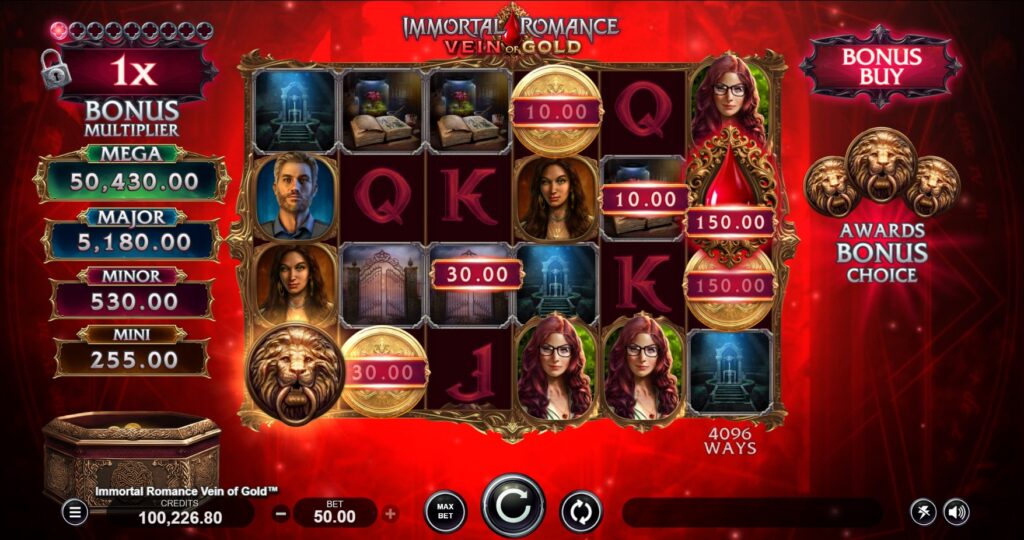 Cash Collect feature activated in Immortal Romance Vein of Gold slot, with Collect symbol gathering coin values.