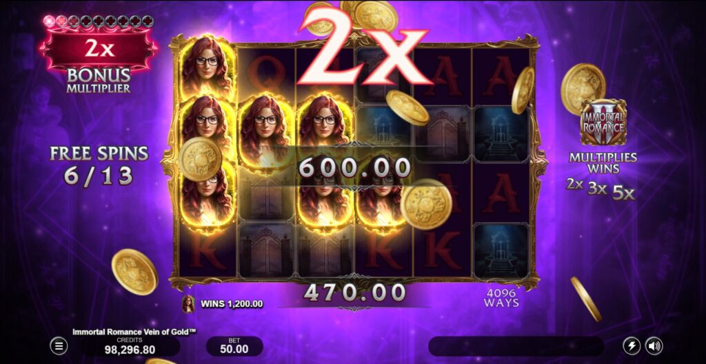 Immortal Romance Vein of Gold Free Spins feature active, showcasing a Wild symbol applying a multiplier to a win.