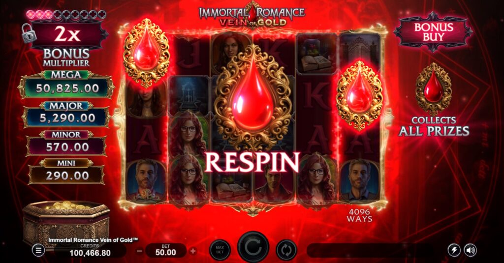 Immortal Romance Vein of Gold slot initiating the Vein of Gold Respin with locked outer reels.