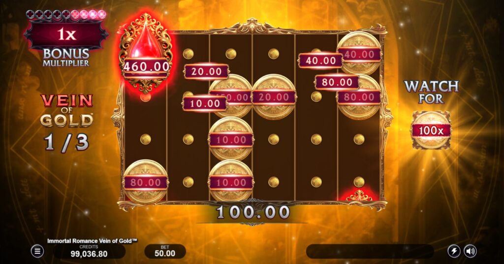 The Vein of Gold feature gameplay in Immortal Romance Vein of Gold with a guaranteed Collect symbol active.