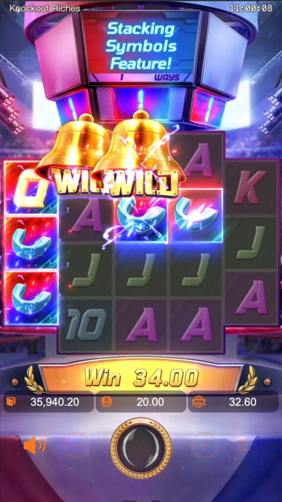 Stacking Symbols feature activating in Knockout Riches with counters set to 1 above central reels.