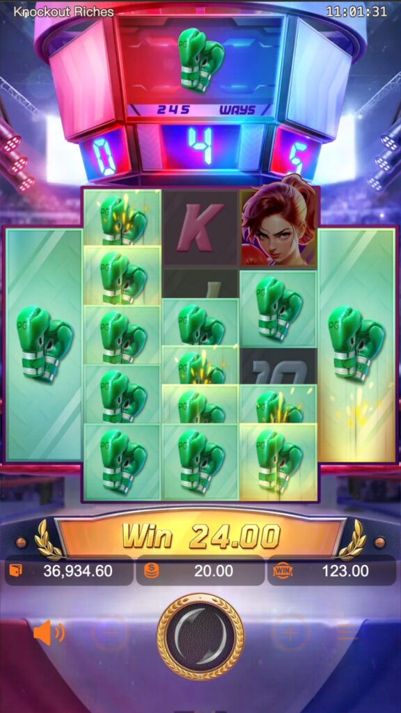 Final stage of Stacking Symbols feature: reels 1 & 5 transformed, tall stacks deployed on reels 2, 3, 4.