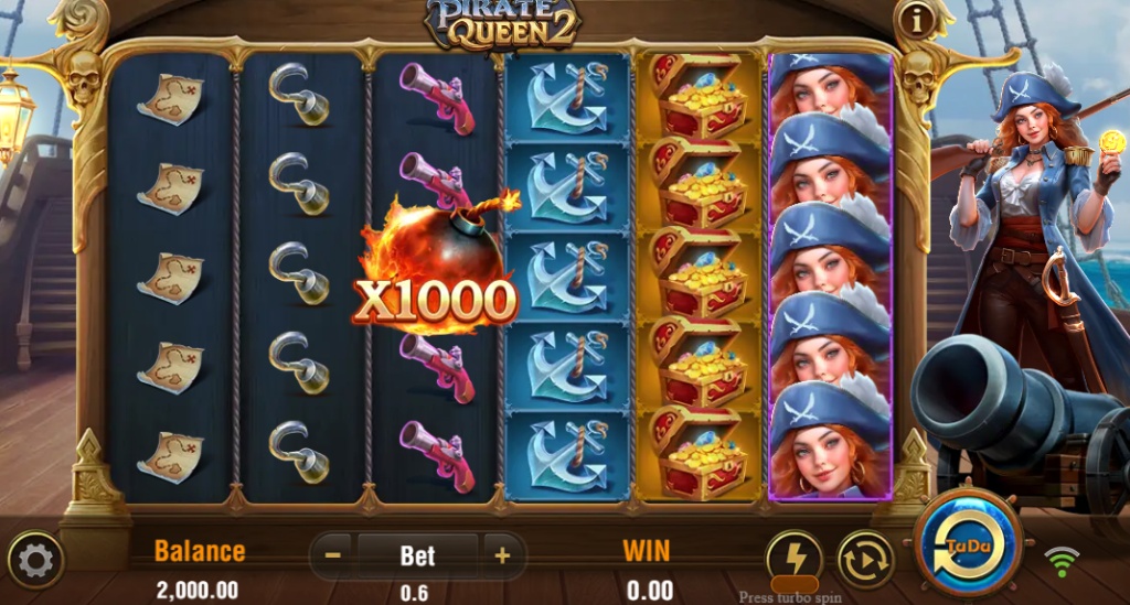 Pirate Queen 2 slot base game 6x5 grid with captain symbols and treasure chests on a ship deck background.