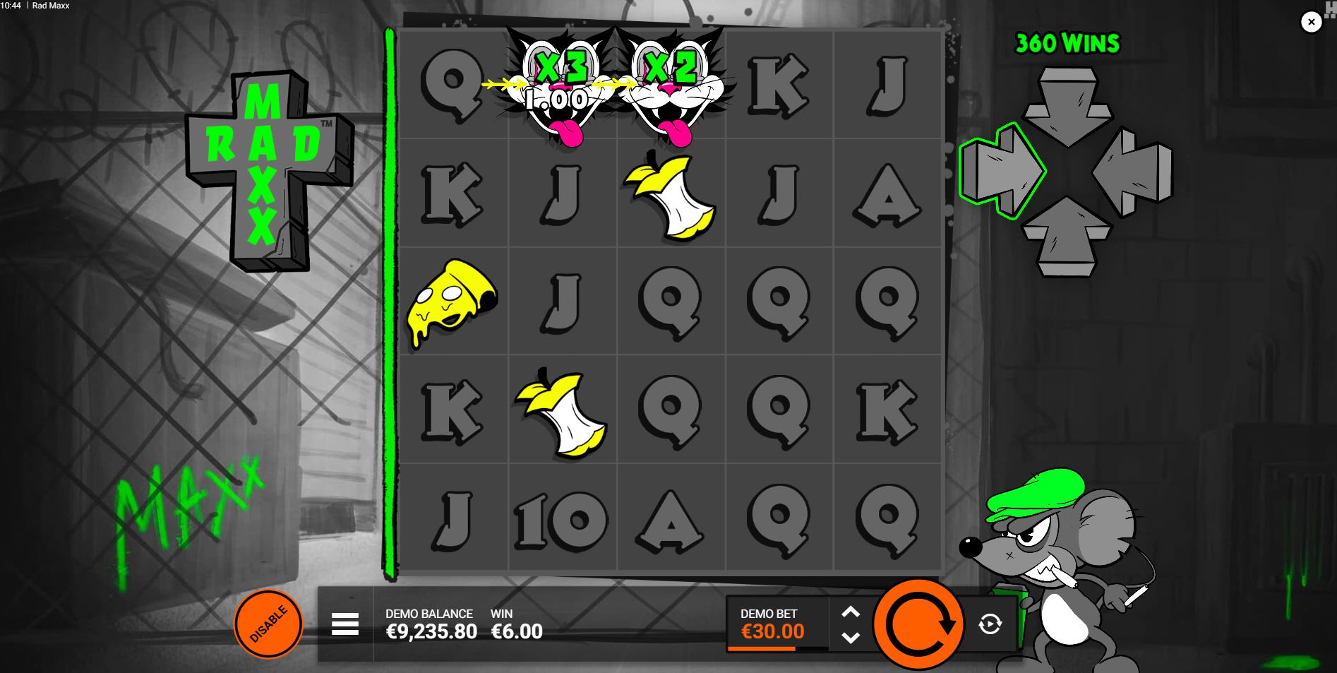 A winning payline in the Rad Maxx slot featuring a Crazy Cat wild symbol with an active x5 multiplier.