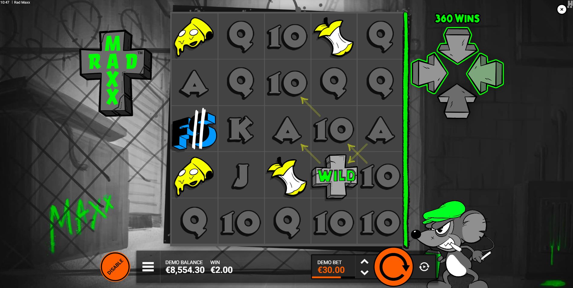 The Rad Maxx slot grid with a Wild Plus symbol activating the top, bottom, and right Pay Direction Arrows, enabling 360 Wins.