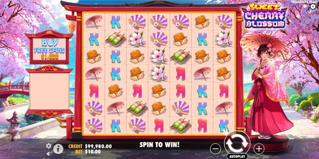 Sweet Cherry Blossom slot base game view showing the 7x7 grid, symbols, and Japanese anime theme by Pragmatic Play.